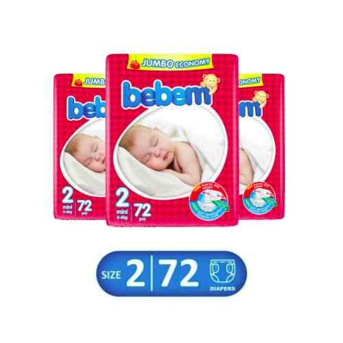 Bebem – Pack of 3 Baby diapers – Jumbo economy pack – Size 2 Mini – Small – 72 Pcs (3-6 kg)