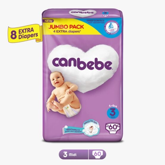 Canbebe Jumbo Pack For Midi Size 3 – Medium – 60 Pcs with Free, Extra 8 Diapers